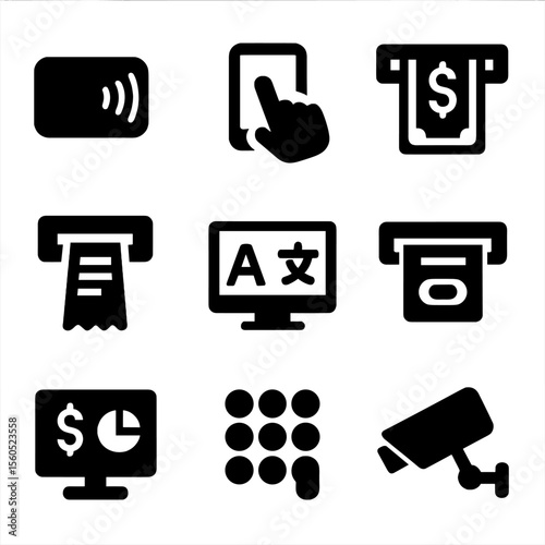 ATM Feature Icons. Solid, filled icon set of ATM convenience features: contactless card, touchscreen, cash deposit, receipt