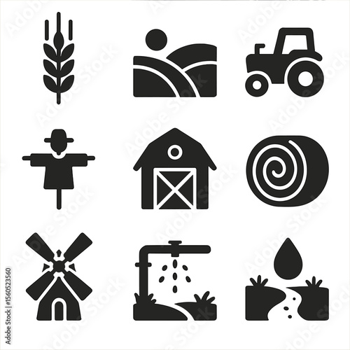 Barley Field Icon Set. Solid, filled icon set of barley field scenery: barley stalk, rolling hill, tractor, scarecrow, barn, hay