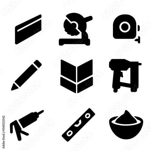 Baseboard Installation Icons. Solid, filled icon set of installing baseboards along the walls: baseboard strip, miter saw,