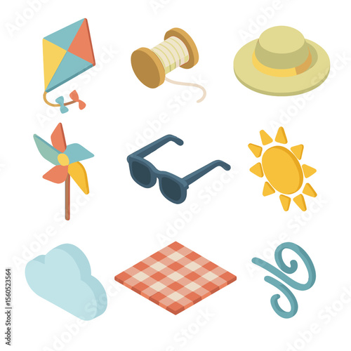 Children Kite Flying. Isometric Flat icon set of children flying kites on a sunny day: kite, spool of string, tail ribbons,