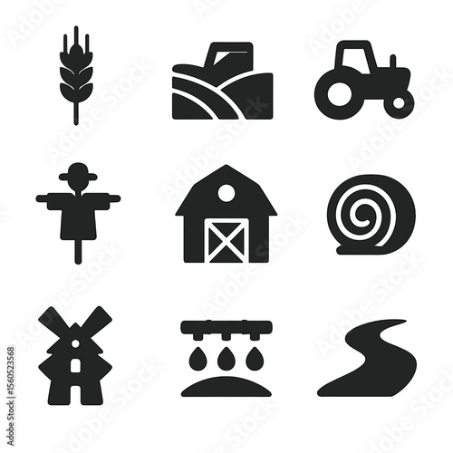 Barley Field Icon Set. Solid, filled icon set of barley field scenery: barley stalk, rolling hill, tractor, scarecrow, barn, hay