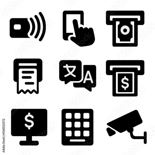 ATM Feature Icons. Solid, filled icon set of ATM convenience features: contactless card, touchscreen, cash deposit, receipt