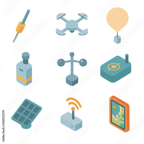 Atmospheric Drones Icon Set. Isometric Flat icon set of atmospheric sampling drones: gas sampling probe, high-altitude drone body,