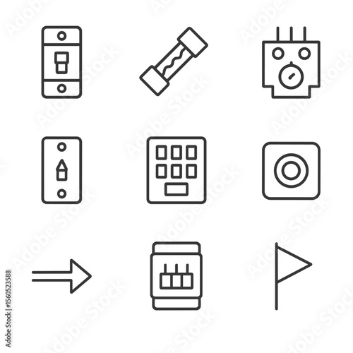 Circuit Breaker Icons. Outline icon set of Circuit Breaker Features: circuit breaker switch, fuse icon, overload relay, trip