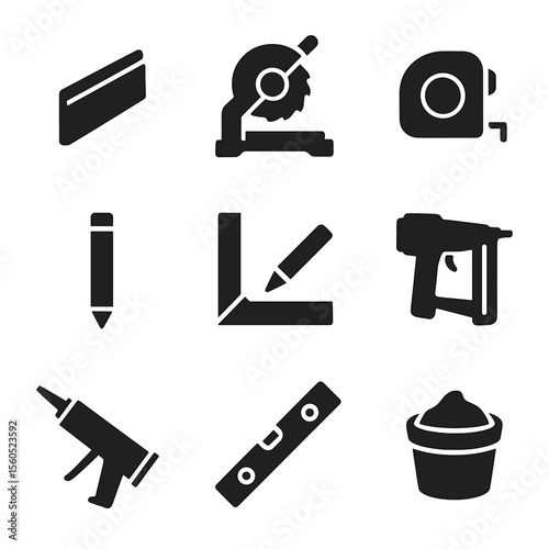 Baseboard Installation Icons. Solid, filled icon set of installing baseboards along the walls: baseboard strip, miter saw,