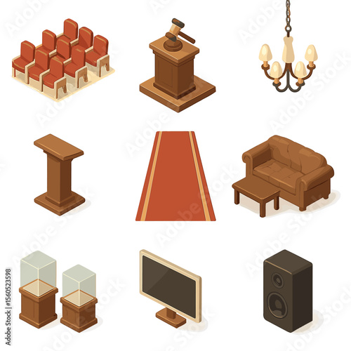 Auction House Icons. Isometric Flat icon set of auction house interior design: auction hall seating, stage podium, chandeliers,