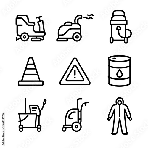 Cleaning Equipment Icons. Outline icon set of Industrial and Commercial Cleaning: floor scrubber machine, steam cleaner,