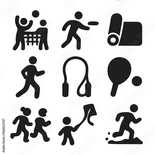 Beach Activity Icons. Solid, Filled icon set of beach fitness and play: beach volleyball, frisbee, jogger silhouette, yoga mat,