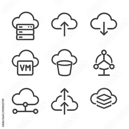 Cloud Computing Icons. Outline icon set of cloud computing essentials: cloud server, upload arrow, download arrow, virtual machine