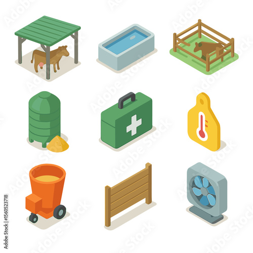 Climate-Smart Livestock Icons. Isometric Flat icon set of climate-smart livestock management: shaded livestock shelter, water