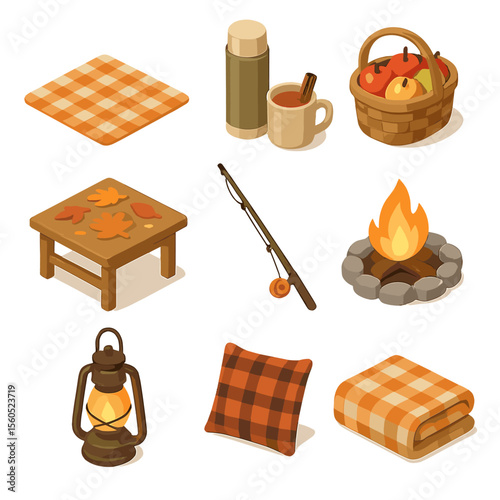 Autumn Picnic Icons. Isometric Flat icon set of autumn picnic scene: checkered blanket, thermos, mug of cider, basket of apples,