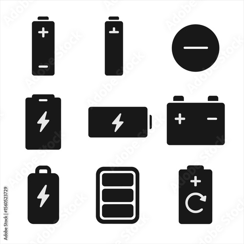 Battery Icons Grid. Solid, filled icon set of battery types: AA battery, AAA battery, button cell, phone battery, laptop battery,
