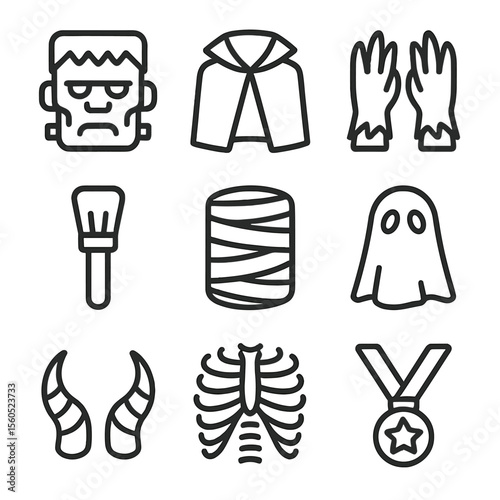 Classic Monster Icons. Outline icon set of Classic Monster Costume Pieces: Frankenstein mask, vampire cloak, werewolf gloves,