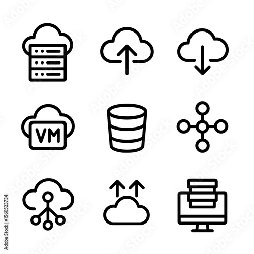 Cloud Computing Icons. Outline icon set of cloud computing essentials: cloud server, upload arrow, download arrow, virtual machine