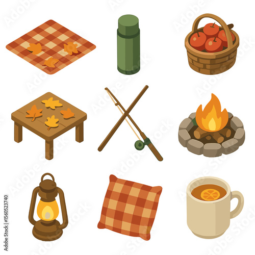 Autumn Picnic Icons. Isometric Flat icon set of autumn picnic scene: checkered blanket, thermos, mug of cider, basket of apples,