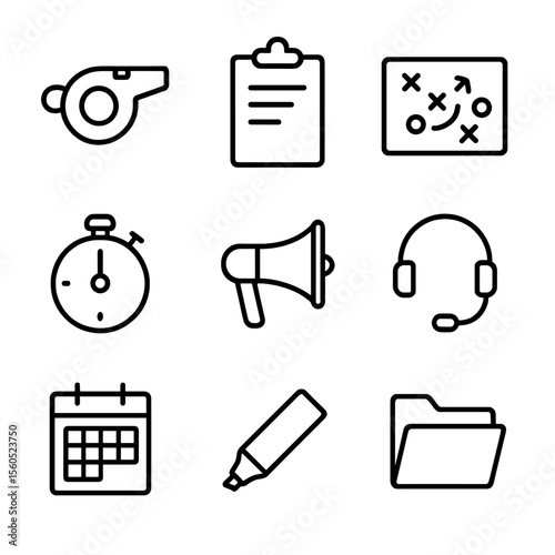 Coaching Tools Icons. Outline icon set of coaching and instruction tools: whistle, clipboard, tactics board, stopwatch, megaphone,