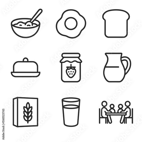 Breakfast Icon Set. Outline icon set of feeding breakfast to family: oatmeal bowl, fried egg, toast slice, butter dish, jam jar,