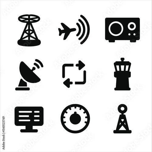 Aviation Communication Icons. Solid, filled icon set of communication and navigation systems: VOR antenna, ADS-B icon, HF radio,