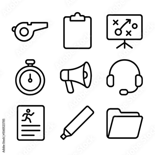 Coaching Tools Icons. Outline icon set of coaching and instruction tools: whistle, clipboard, tactics board, stopwatch, megaphone,