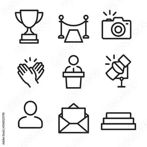 Award Ceremony Icons. Outline icon set of specialized diet foods: avocado slice, almond milk carton, quinoa bowl, salmon fillet,