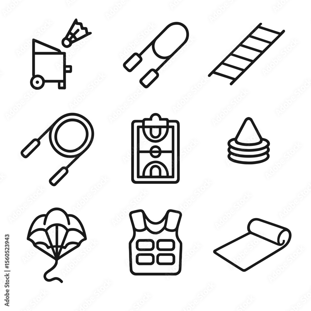 Badminton Equipment Icons. Outline icon set of Badminton Training Equipment: shuttlecock launcher, resistance band, agility ladder