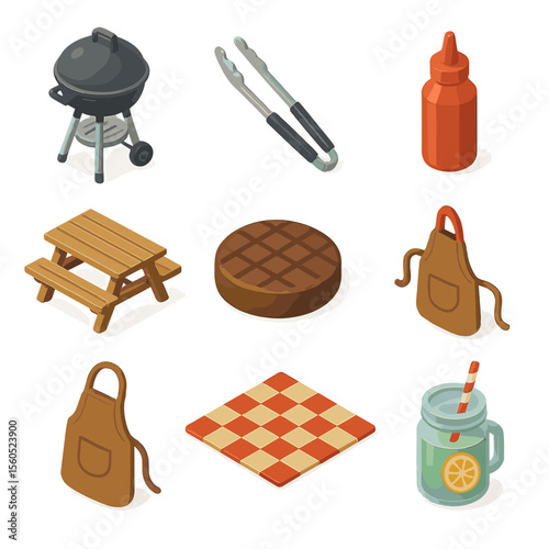 Backyard BBQ Icons. Isometric Flat icon set of couple barbecuing in a farm backyard: charcoal grill, tongs, grill spatula, picnic