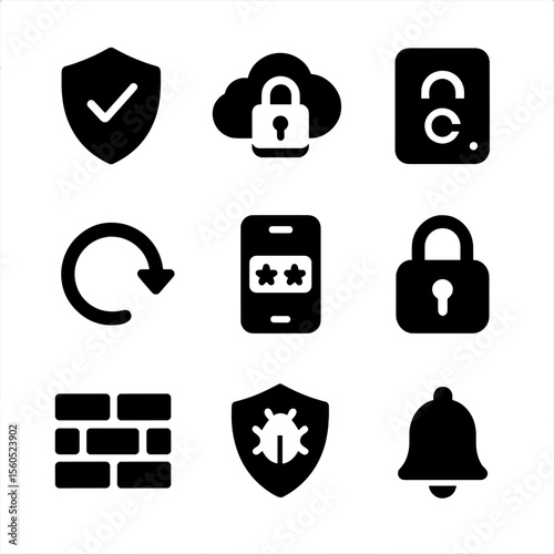 Backup Security Icons. Solid, filled icon set of backup and security: shield check, cloud lock, secure backup drive, restore icon,