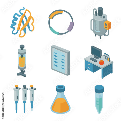 Cold Protein Engineering Icons. Isometric Flat icon set of cold-adapted protein engineering: cold shock protein structure,