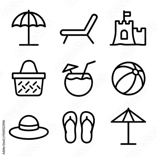Beach Icons Grid. Outline icon set of beachside relaxation: sun umbrella, deck chair, sandcastle, picnic basket, coconut drink,