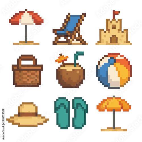 Beach Relaxation Icons. Pixel art icon set of beachside relaxation: sun umbrella, deck chair, sandcastle, picnic basket, coconut