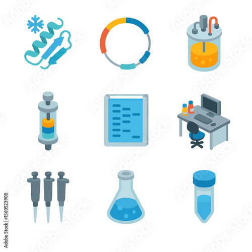 Cold Protein Engineering Icons. Isometric Flat icon set of cold-adapted protein engineering: cold shock protein structure,
