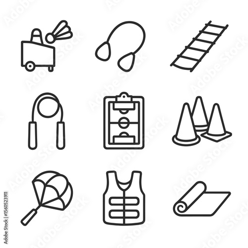 Badminton Equipment Icons. Outline icon set of Badminton Training Equipment: shuttlecock launcher, resistance band, agility ladder