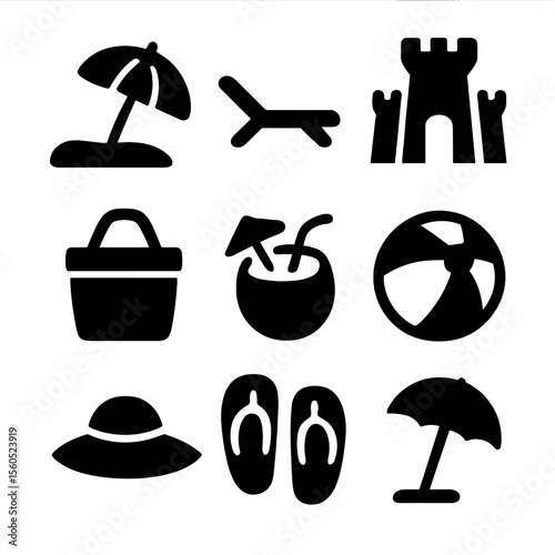Beachside Icon Set. Solid, Filled icon set of beachside relaxation: sun umbrella, deck chair, sandcastle, picnic basket, coconut