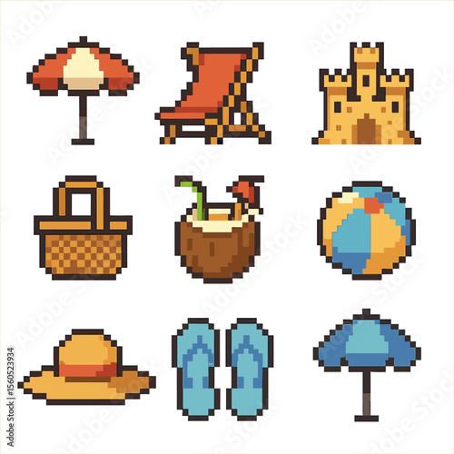 Beach Relaxation Icons. Pixel art icon set of beachside relaxation: sun umbrella, deck chair, sandcastle, picnic basket, coconut