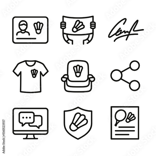 Badminton Icon Set. Outline icon set of Badminton Community and Accessories: club membership card, fan banner, autograph signature