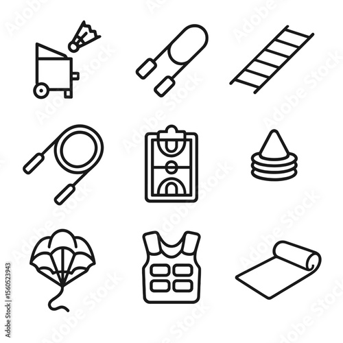 Badminton Equipment Icons. Outline icon set of Badminton Training Equipment: shuttlecock launcher, resistance band, agility ladder