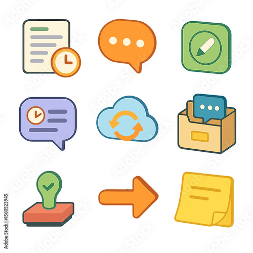 Collaboration Icon Set. Isometric Flat icon set of asynchronous collaboration trust: shared document version history, comment