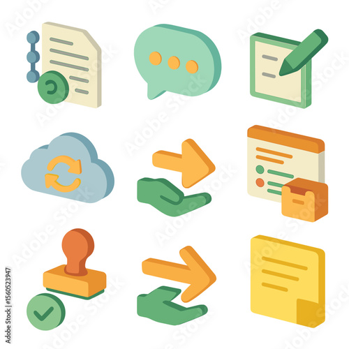Collaboration Icon Set. Isometric Flat icon set of asynchronous collaboration trust: shared document version history, comment