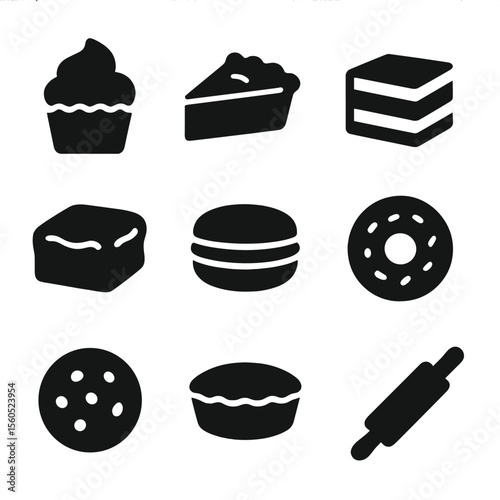 Bake-Off Dessert Icons. Solid, filled icon set of bake-off desserts: cupcake, pie slice, layered cake, brownie square, macaron,