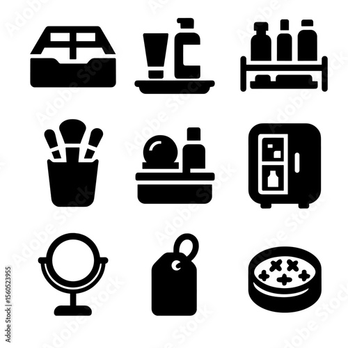 Beauty Shelf Icons. Solid, filled icon set of beauty shelf organization: drawer organizer, product tray, bottle rack, brush holder