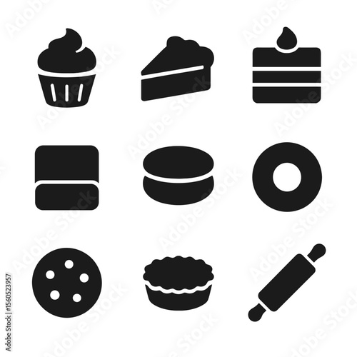Bake-Off Dessert Icons. Solid, filled icon set of bake-off desserts: cupcake, pie slice, layered cake, brownie square, macaron,