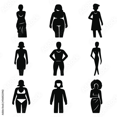 Beauty Ideals Icons. Solid, filled icon set of beauty ideals through history: Greek statue, Renaissance form, 1920s flapper, 1950s