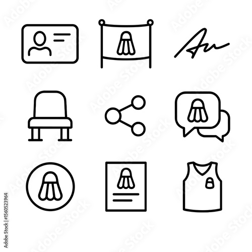 Badminton Icon Set. Outline icon set of Badminton Community and Accessories: club membership card, fan banner, autograph signature