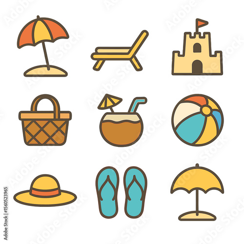 Beachside Relaxation Icons. Flat icon set of beachside relaxation: sun umbrella, deck chair, sandcastle, picnic basket, coconut