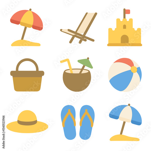 Beachside Relaxation Icons. Flat icon set of beachside relaxation: sun umbrella, deck chair, sandcastle, picnic basket, coconut