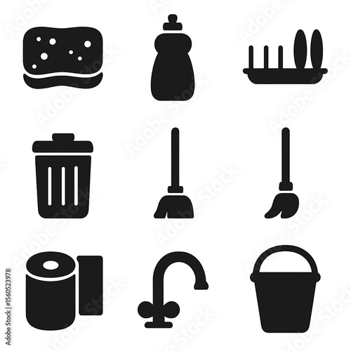 Baking Cleanup Icons. Solid, filled icon set of baking cleanup tools: sponge, dish soap bottle, drying rack, trash bin, broom, mop