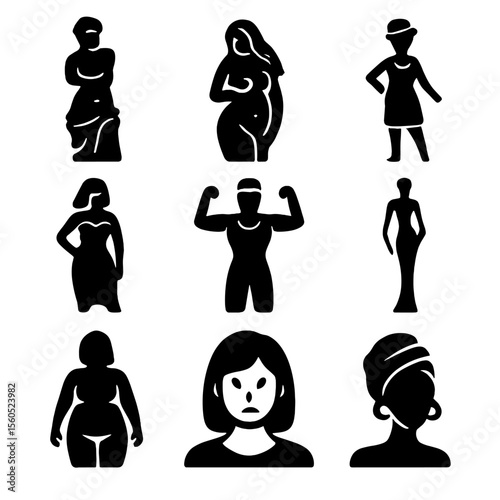 Beauty Ideals Icons. Solid, filled icon set of beauty ideals through history: Greek statue, Renaissance form, 1920s flapper, 1950s