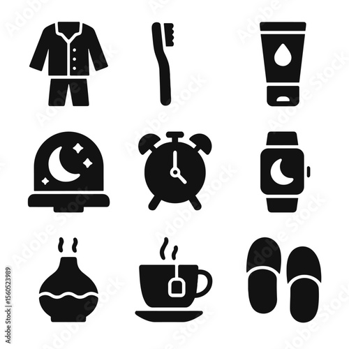 Bedtime Routine Icons. Solid, filled icon set of bedtime routine items: pajamas, toothbrush, face cream, night light, alarm clock,