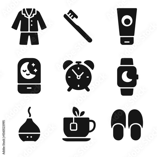 Bedtime Routine Icons. Solid, filled icon set of bedtime routine items: pajamas, toothbrush, face cream, night light, alarm clock,