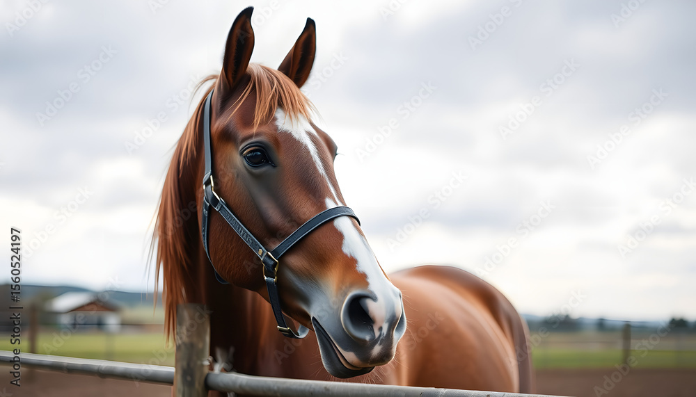 Fototapeta premium Portrait of brown racing horse on the farm-, professional photography. White tone